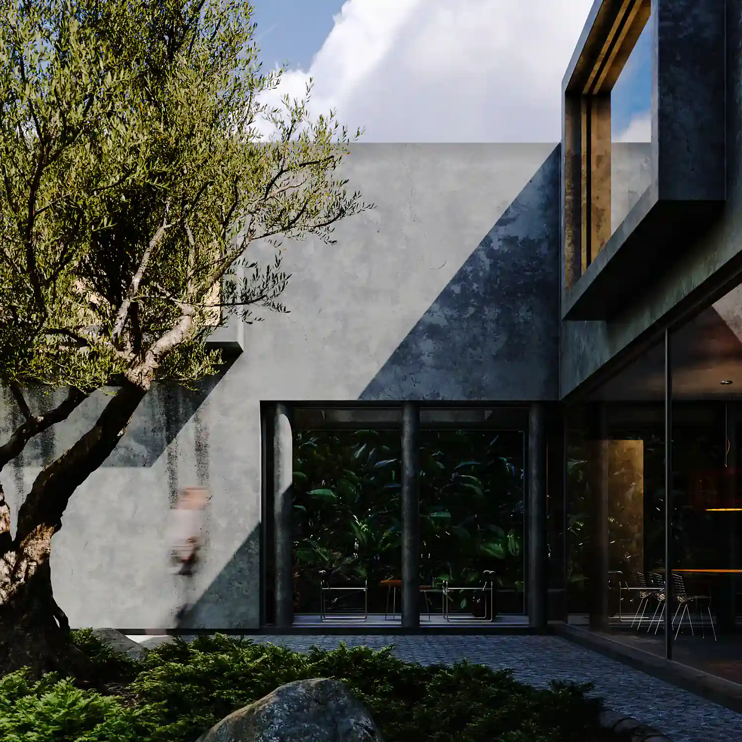 Ecobrutalist Courtyard Rendering